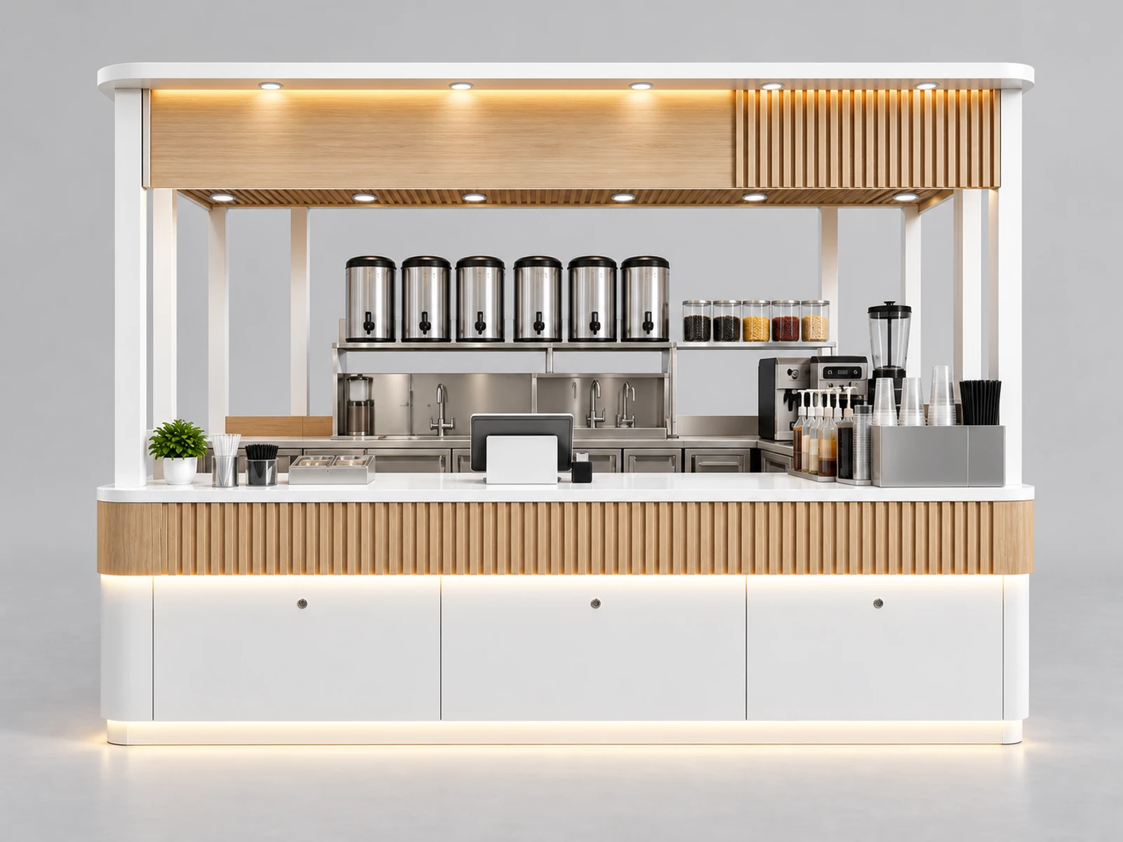 Minimal White Milk Tea Kiosk with Concealed Storage customer-facing service and display detail
