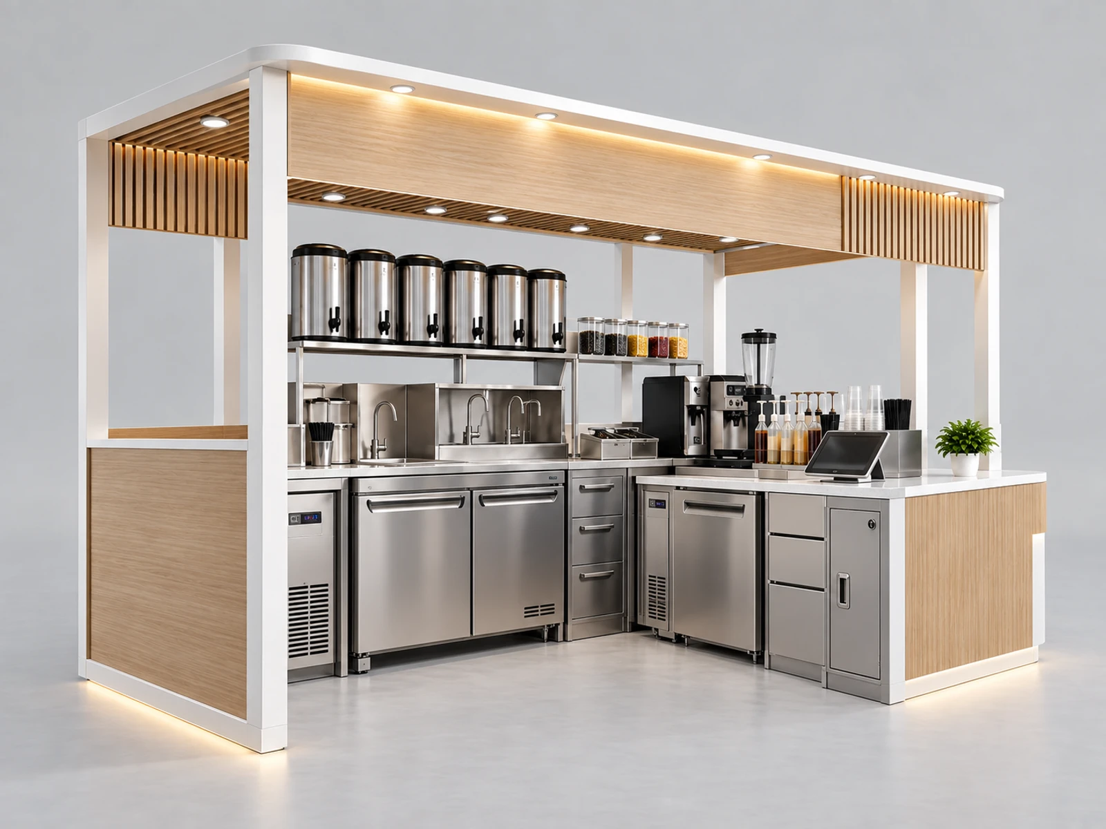 Minimal White Milk Tea Kiosk with Concealed Storage staff-side equipment, utilities, and storage view