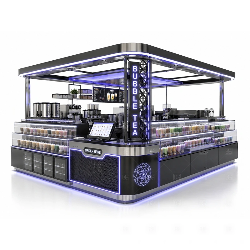 Modern Boba Tea Booth for Shopping Mall with modern booth styling, customer-facing beverage display, menu signs, and staff work zones shown in the modern boba tea booth for shopping mall product photos for bubble tea and cold beverage retail