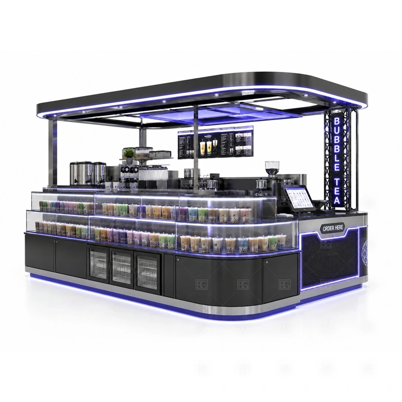Modern Boba Tea Booth for Shopping Mall layout showing drink-service counter planning shown in the modern boba tea booth for shopping mall product photos, with food court traffic where order, payment, and pickup need a clean sequence