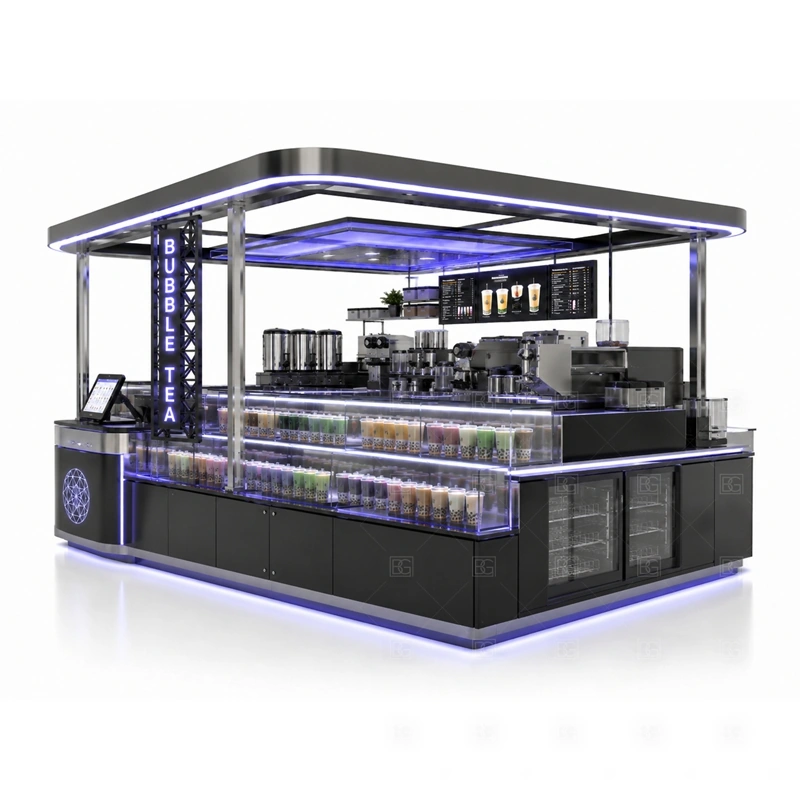 Modern Boba Tea Booth for Shopping Mall display detail for menu board, cup display, topping counter, pickup area, syrup or ingredient zones, and customer-facing panels planned for modern boba tea booth for shopping mall