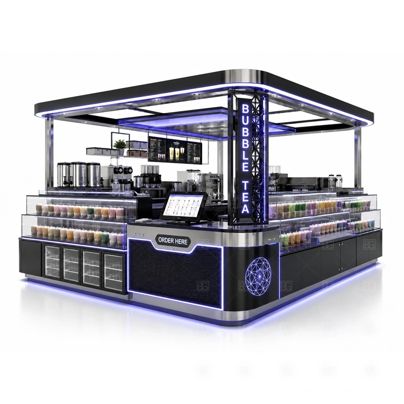 Modern Boba Tea Booth for Shopping Mall branding detail for logo panels, menu graphics, front brand panels, side signs, and drink-category visuals coordinated for modern boba tea booth for shopping mall