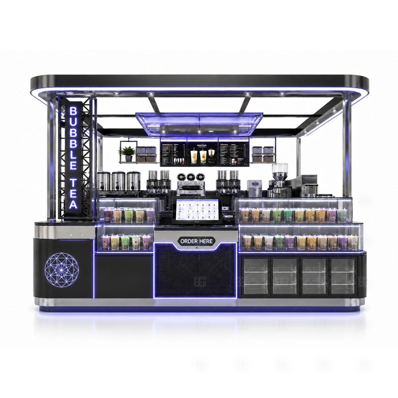 Modern Boba Tea Booth for Shopping Mall storage detail for cup storage, topping storage, under-counter fridge space, syrup shelves, packaging drawers, and service supplies planned for modern boba tea booth for shopping mall