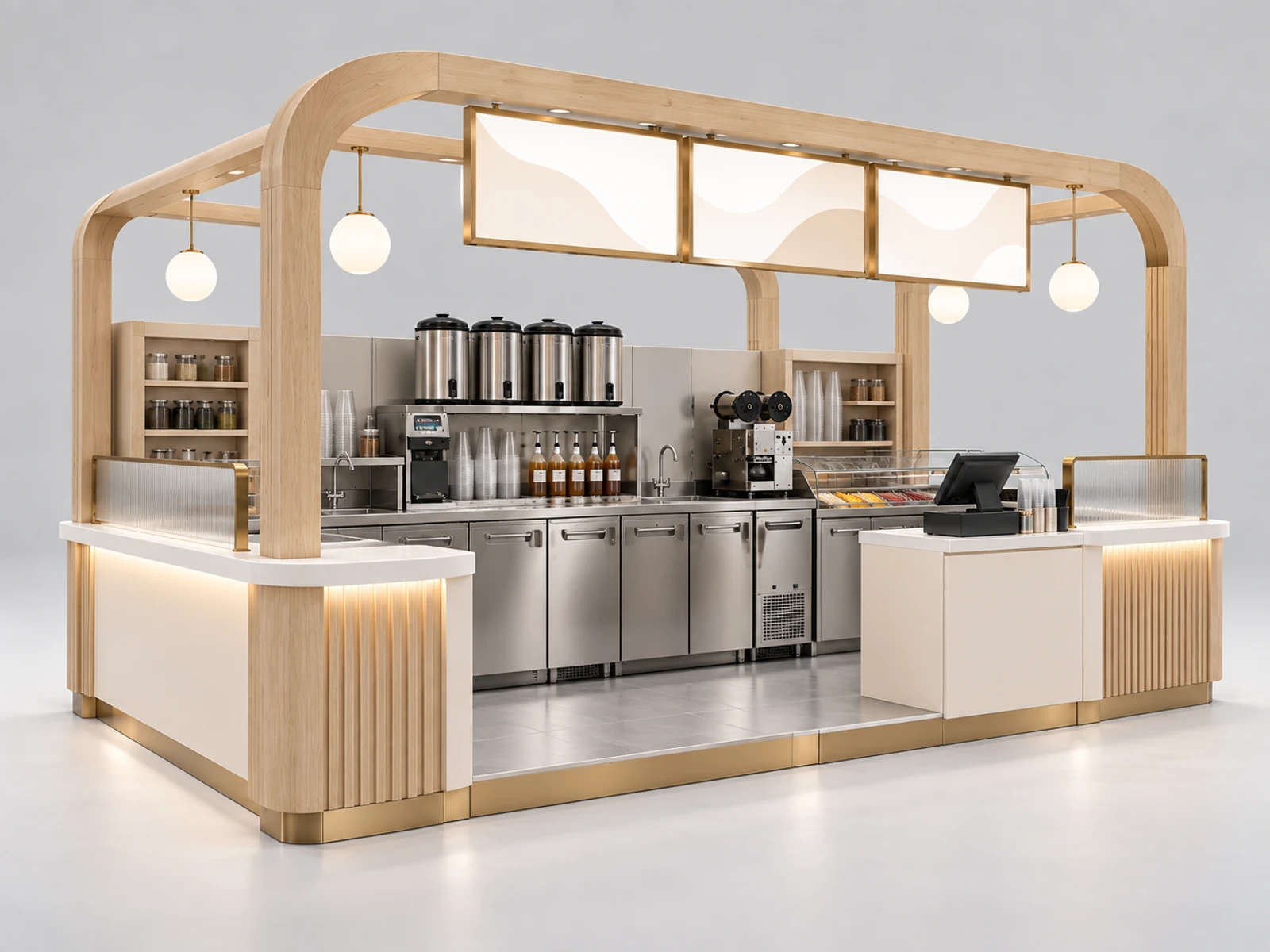Modern Bubble Tea Kiosk with Dual Pickup Counters opposite angle showing the complete layout