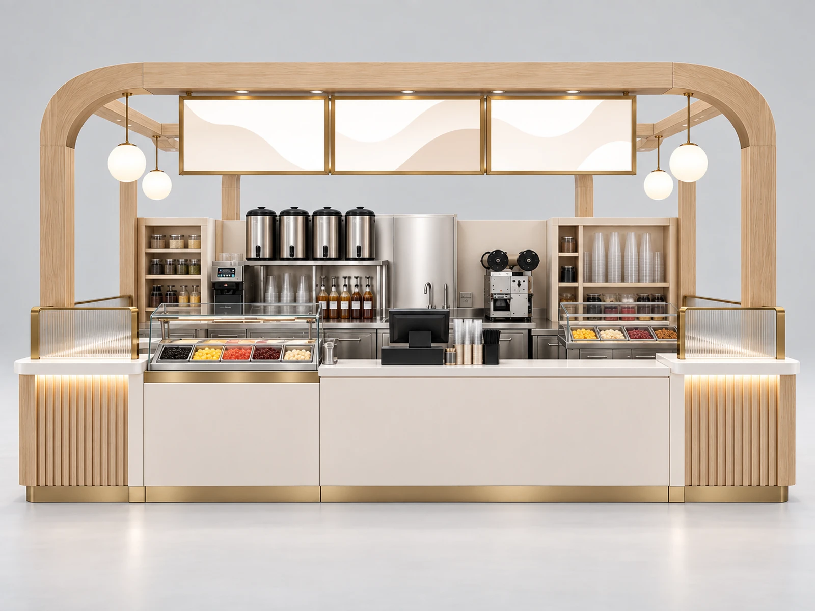 Modern Bubble Tea Kiosk with Dual Pickup Counters customer-facing service and display detail