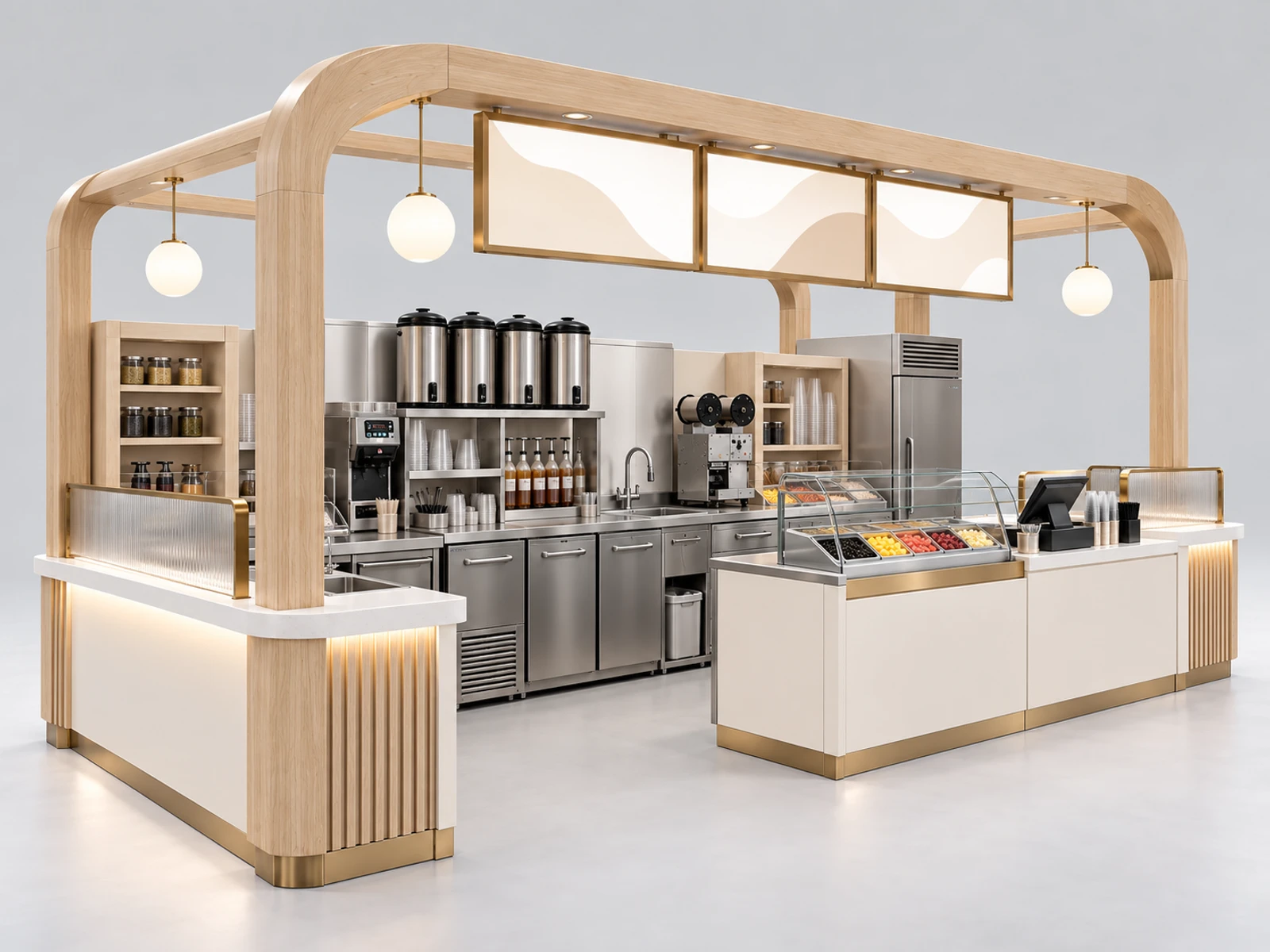 Modern Bubble Tea Kiosk with Dual Pickup Counters staff-side equipment, utilities, and storage view