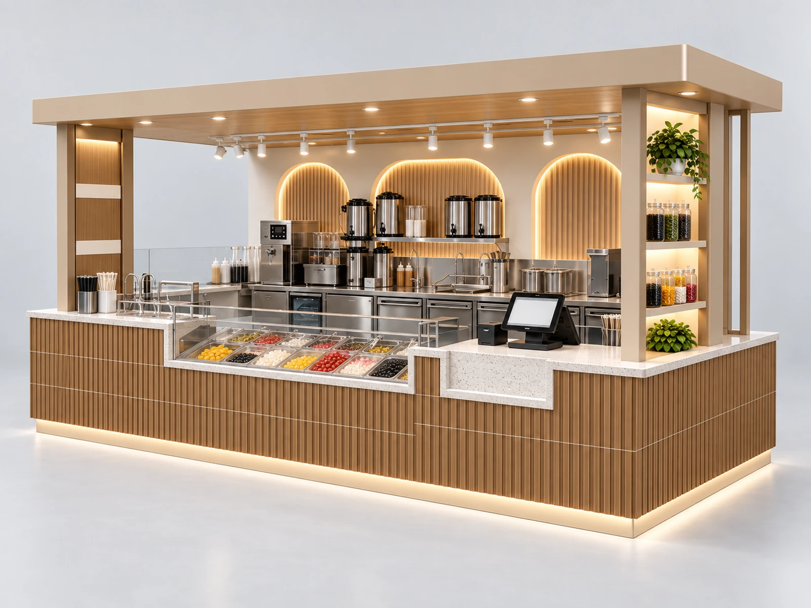 Open Bubble Tea Booth with Visible Topping Bar opposite angle showing the complete layout