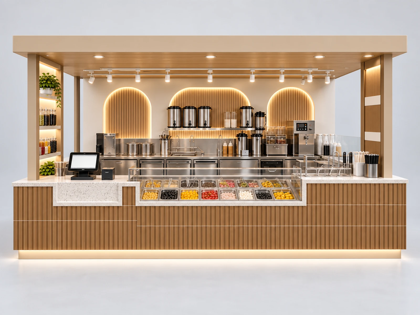 Open Bubble Tea Booth with Visible Topping Bar customer-facing service and display detail