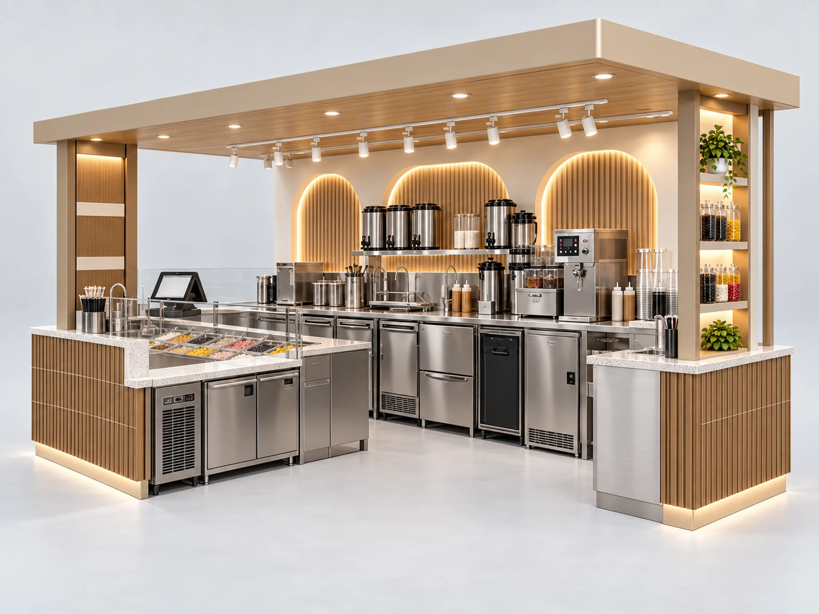 Open Bubble Tea Booth with Visible Topping Bar staff-side equipment, utilities, and storage view