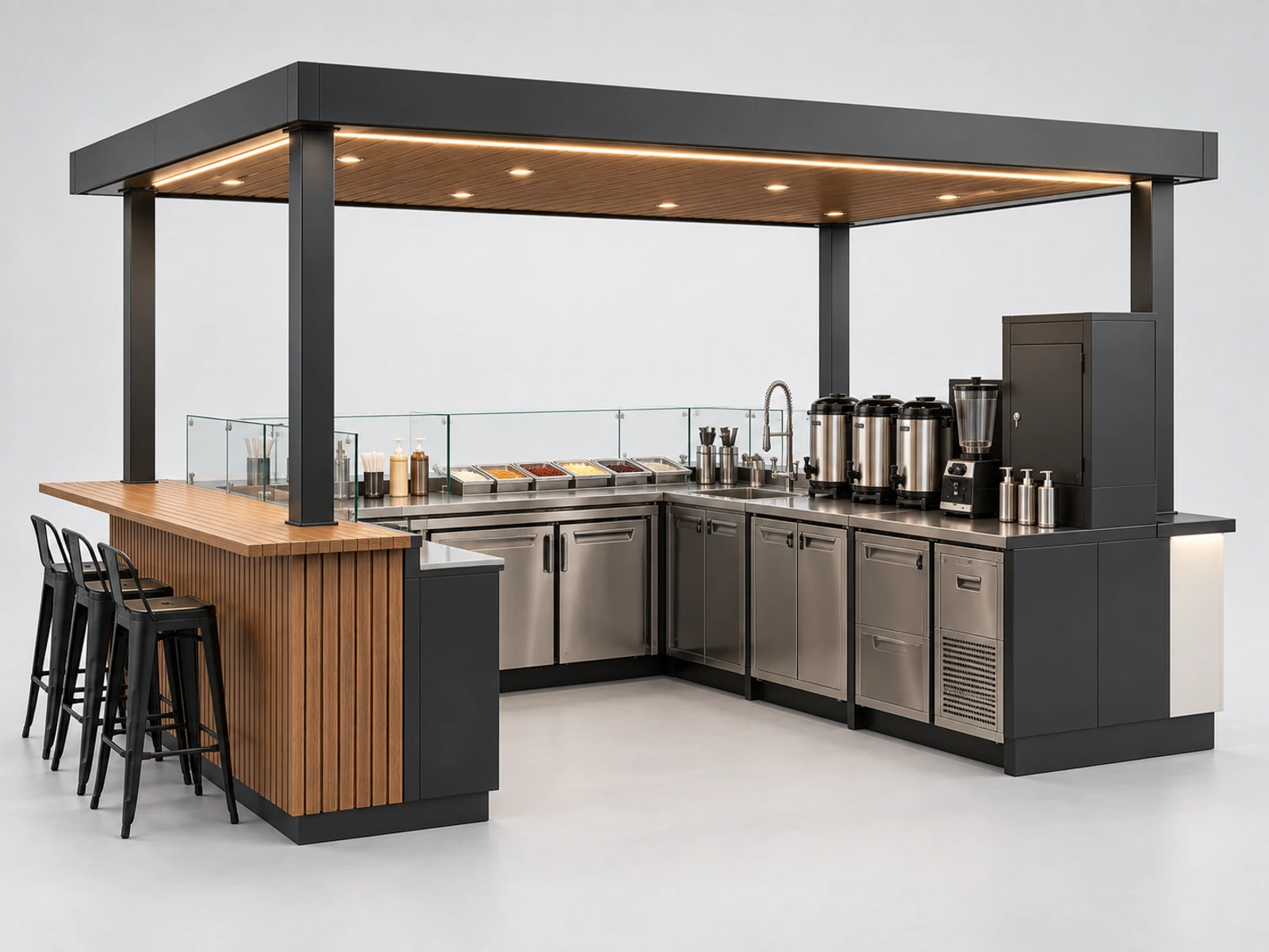 Outdoor Boba Tea Kiosk with Weatherproof Canopy opposite angle showing the complete layout