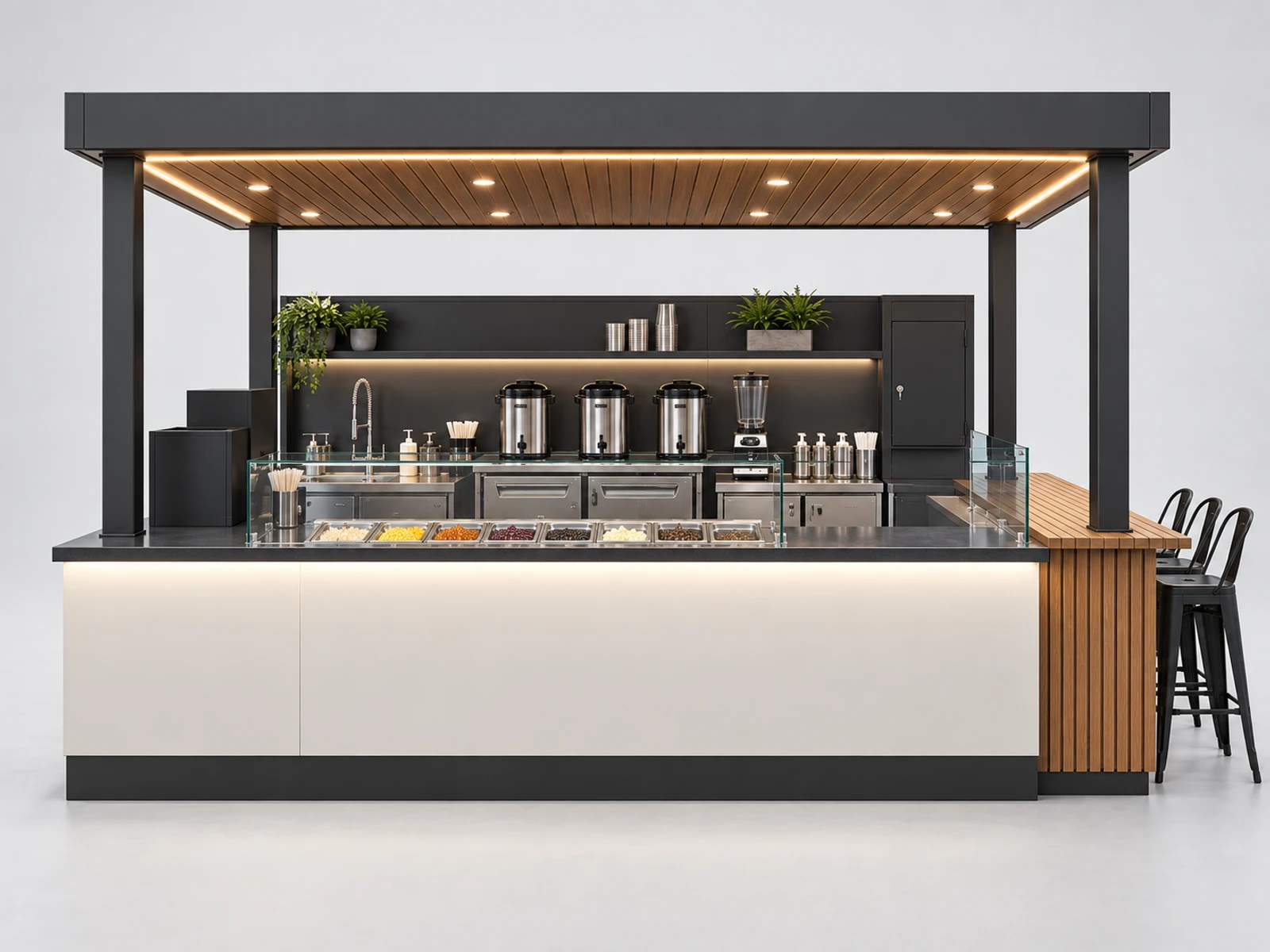 Outdoor Boba Tea Kiosk with Weatherproof Canopy customer-facing service and display detail