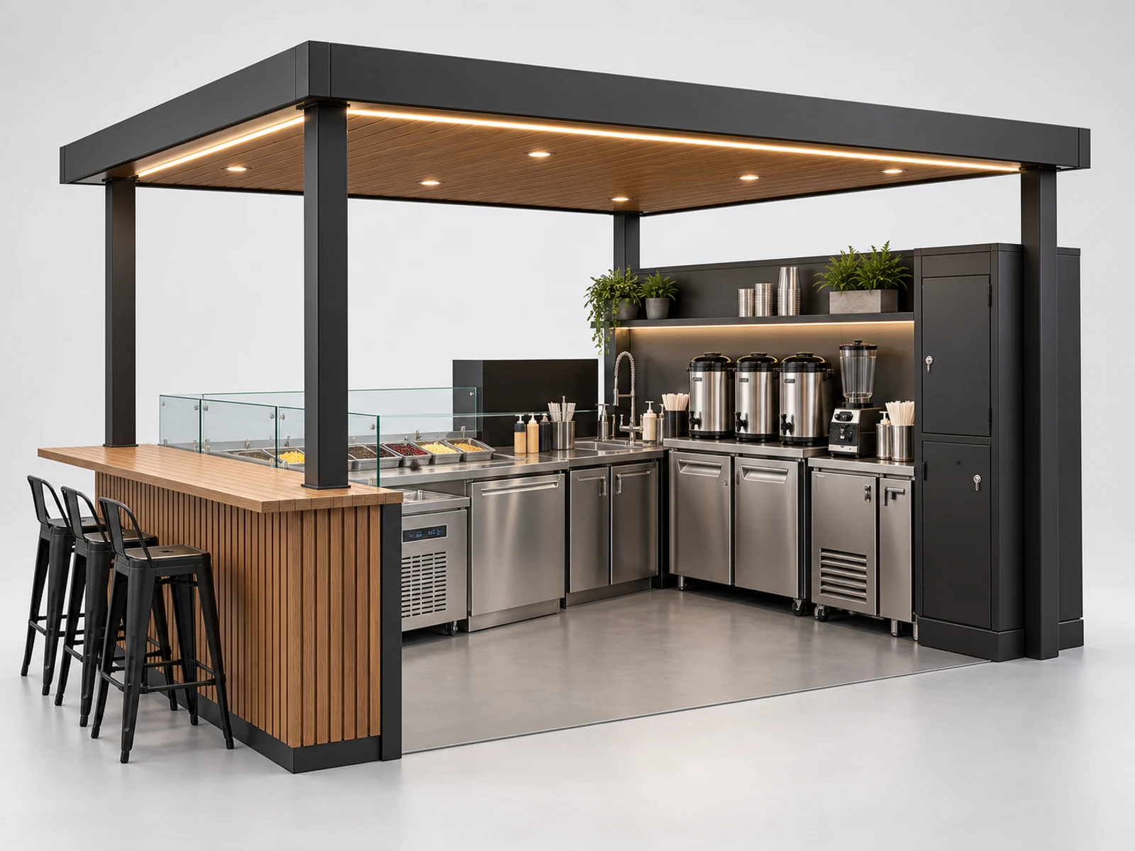 Outdoor Boba Tea Kiosk with Weatherproof Canopy staff-side equipment, utilities, and storage view