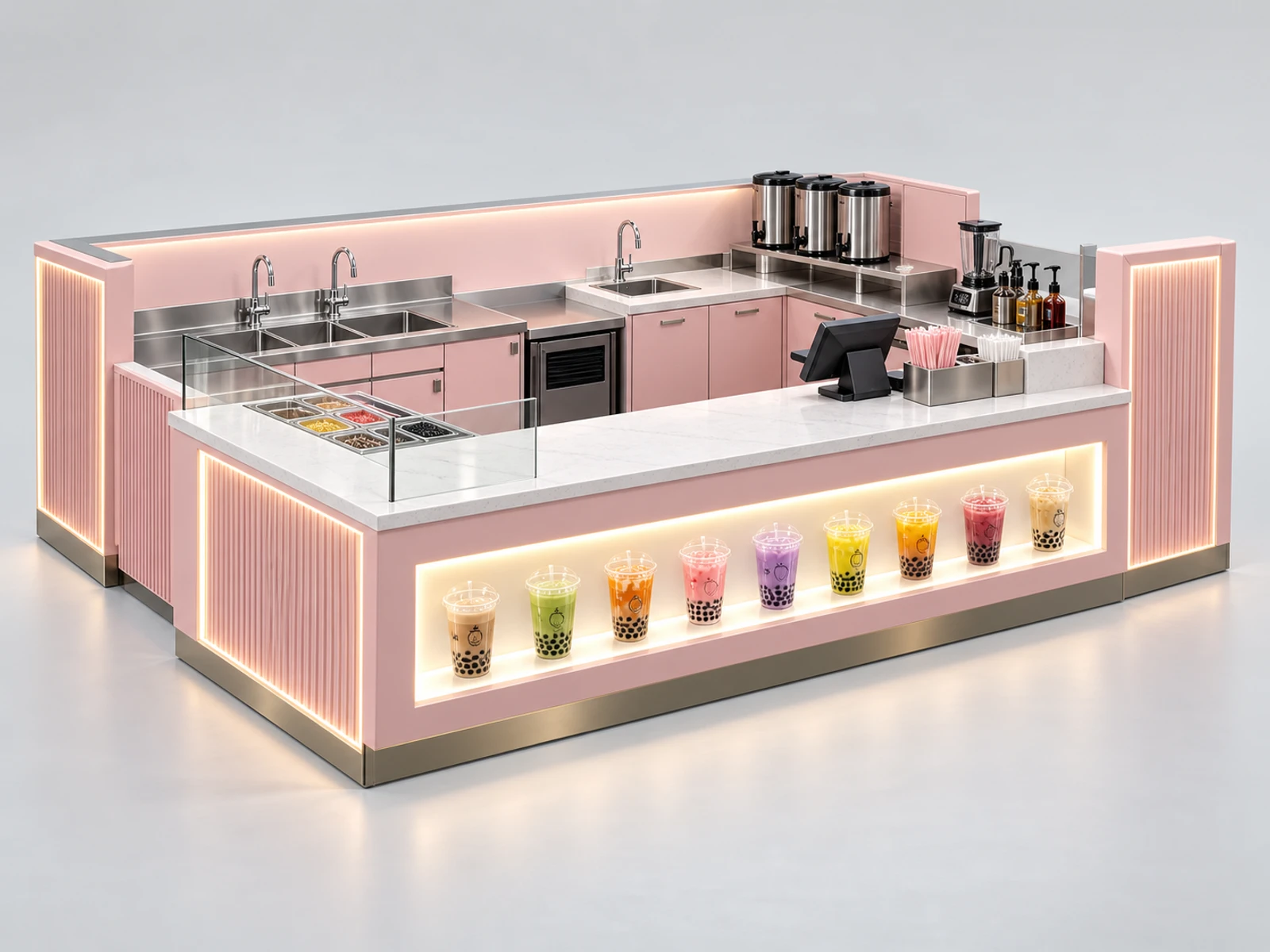 Pink Boba Tea Kiosk with Illuminated Cup Display main three-quarter product view