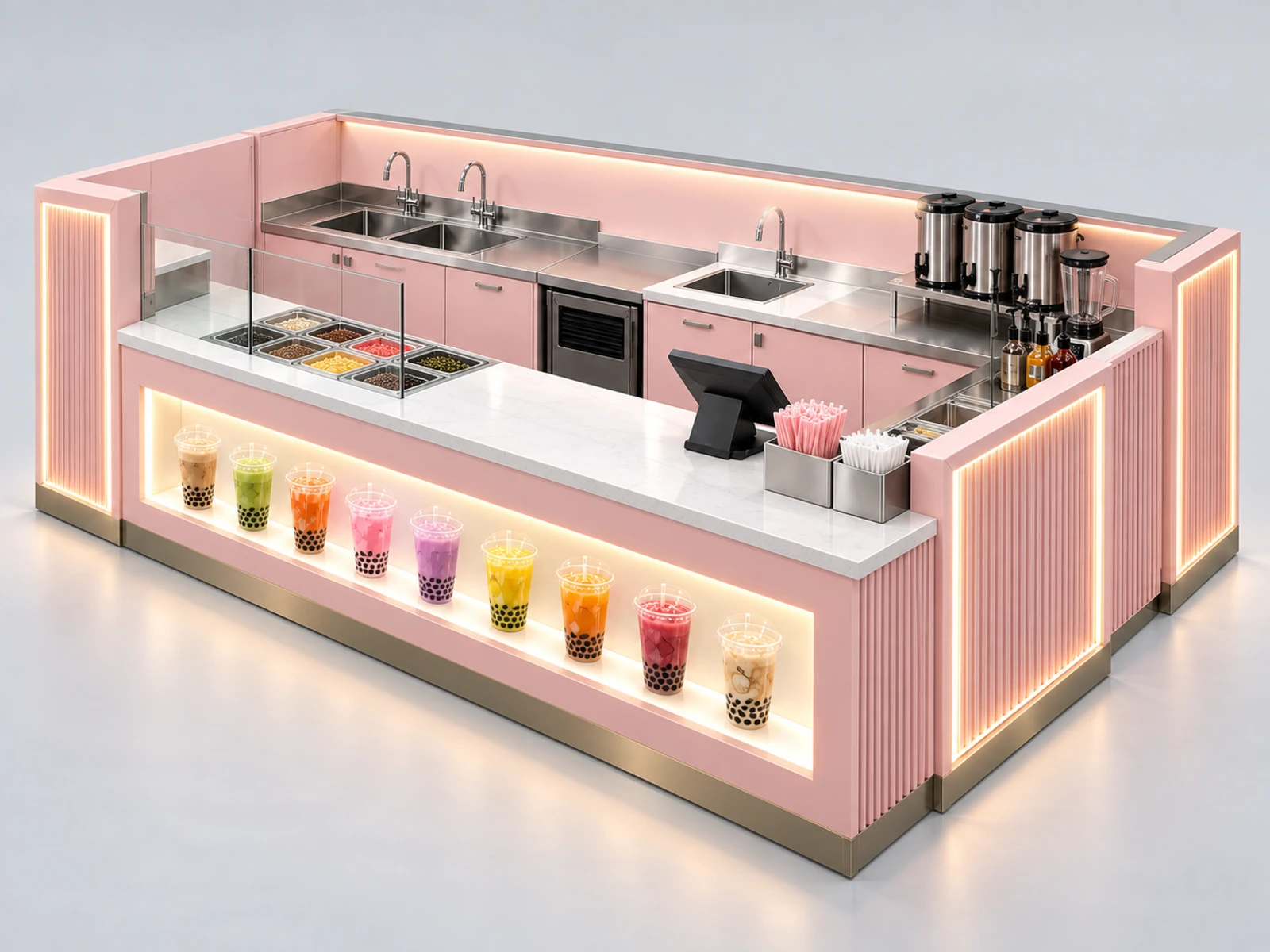 Pink Boba Tea Kiosk with Illuminated Cup Display opposite angle showing the complete layout