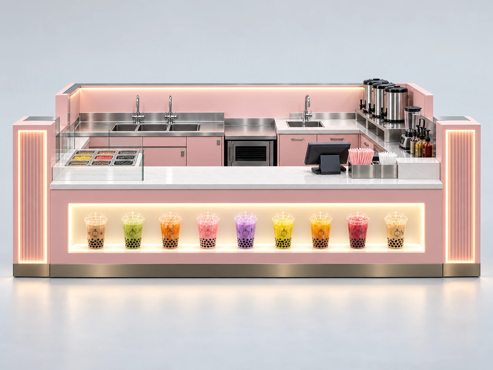 Pink Boba Tea Kiosk with Illuminated Cup Display customer-facing service and display detail