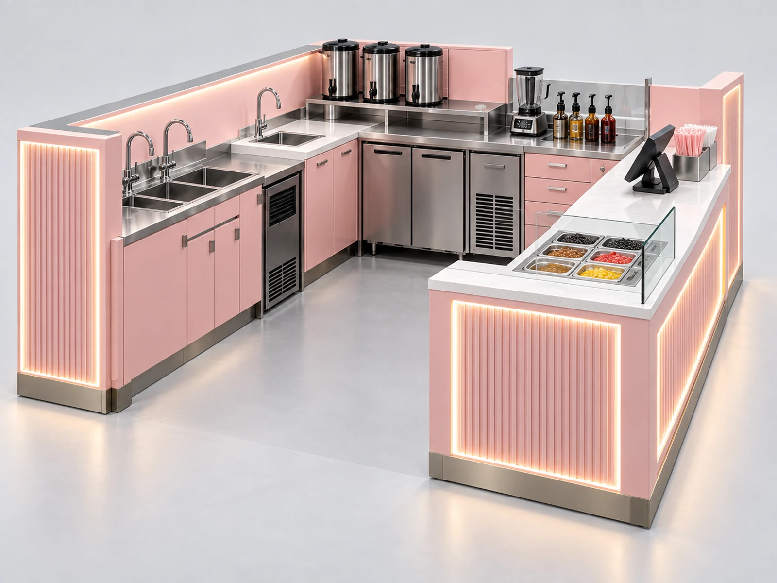 Pink Boba Tea Kiosk with Illuminated Cup Display staff-side equipment, utilities, and storage view