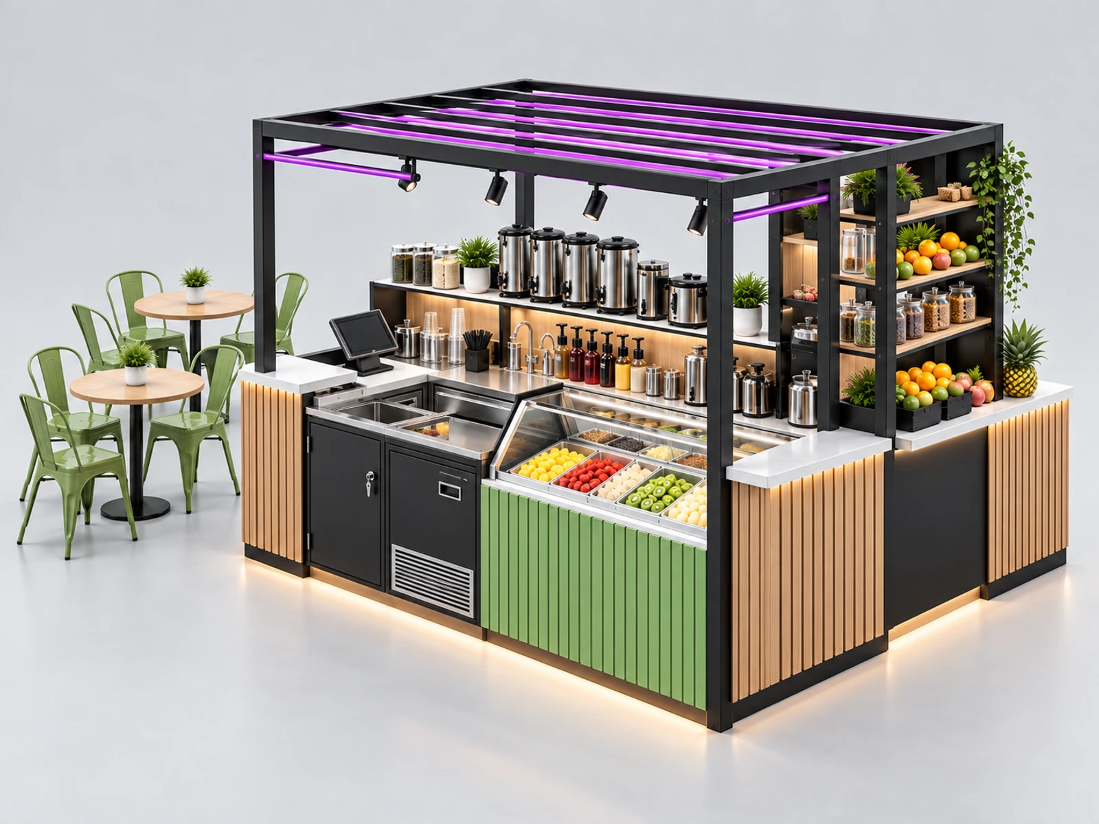 Premium Fruit Tea Kiosk with Fresh Ingredient Display opposite angle showing the complete layout