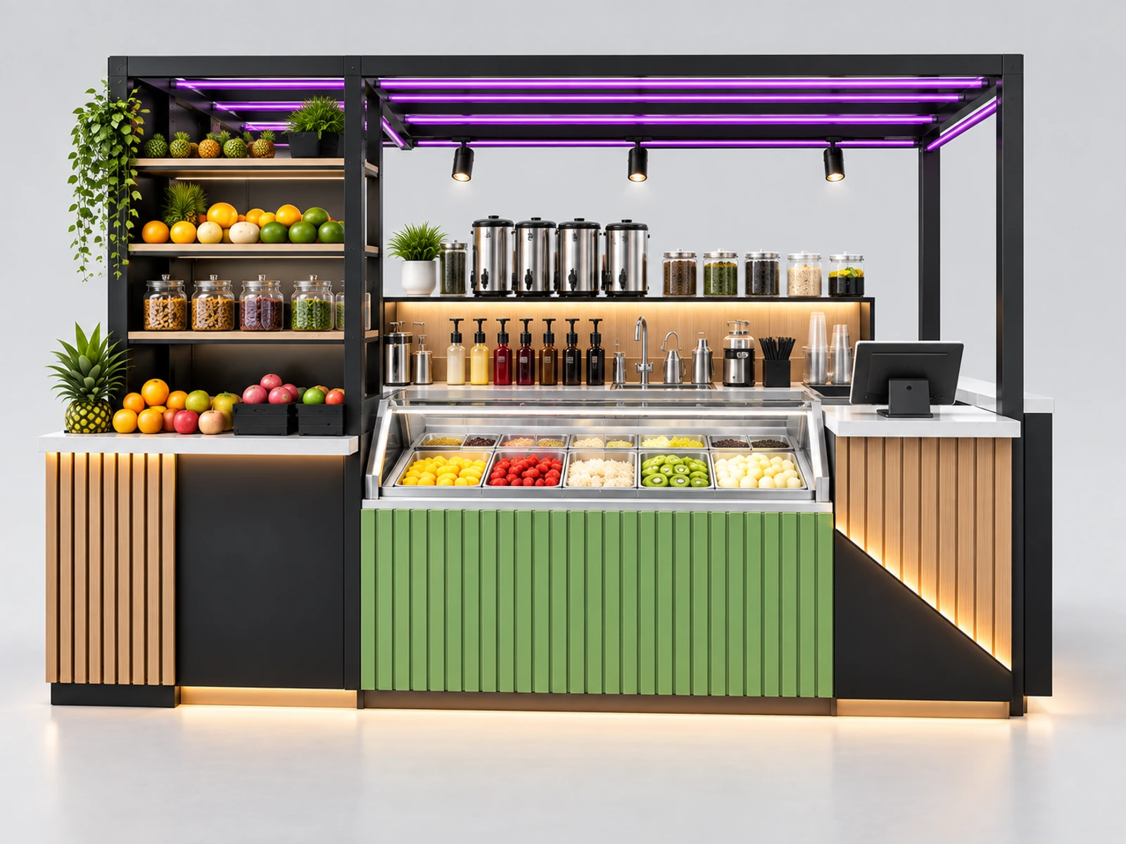 Premium Fruit Tea Kiosk with Fresh Ingredient Display customer-facing service and display detail