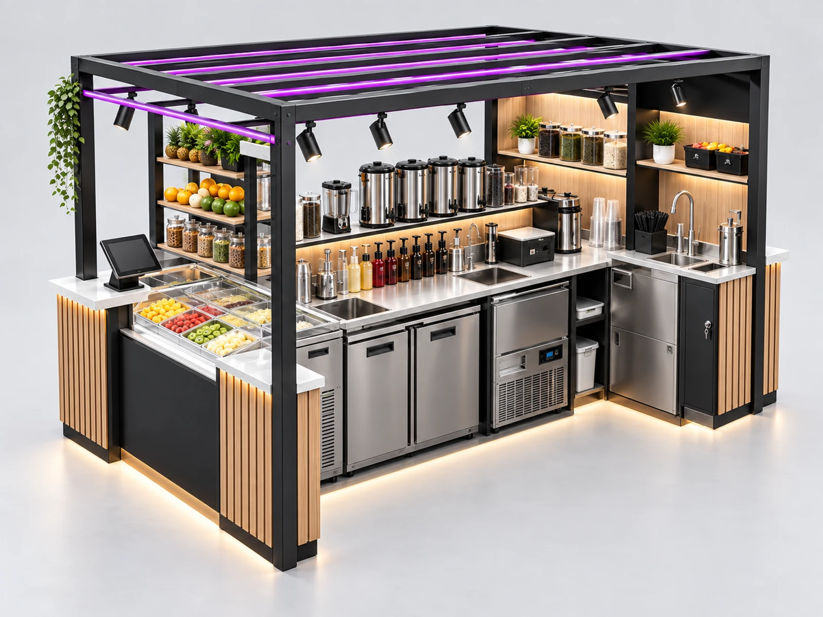 Premium Fruit Tea Kiosk with Fresh Ingredient Display staff-side equipment, utilities, and storage view