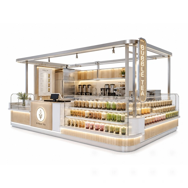 Retail Bubble Tea Stand with Service Counter with retail drink service, compact counter workflow, cup storage, and front brand presentation shown in the retail bubble tea stand with service counter product photos for bubble tea and cold beverage retail