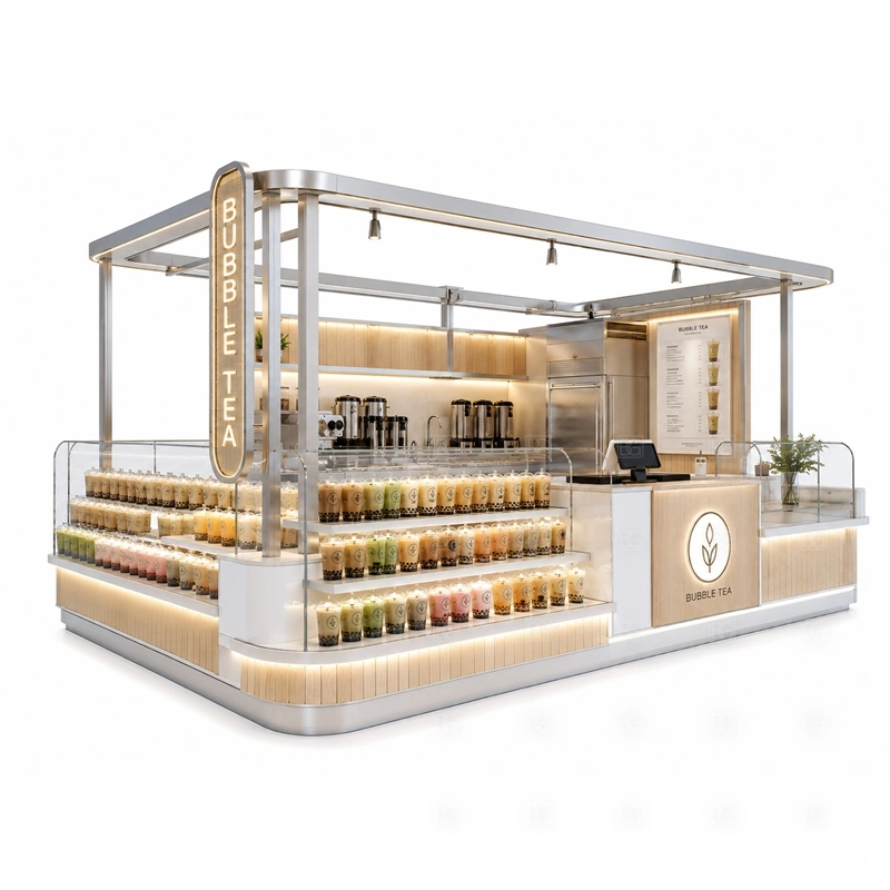 Retail Bubble Tea Stand with Service Counter layout showing drink-service counter planning shown in the retail bubble tea stand with service counter product photos, with center-court traffic where customers may approach from more than one direction