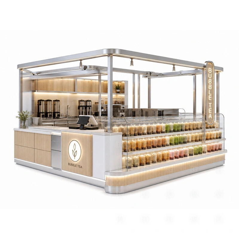 Retail Bubble Tea Stand with Service Counter display detail for menu board, cup display, topping counter, pickup area, syrup or ingredient zones, and customer-facing panels planned for retail bubble tea stand with service counter