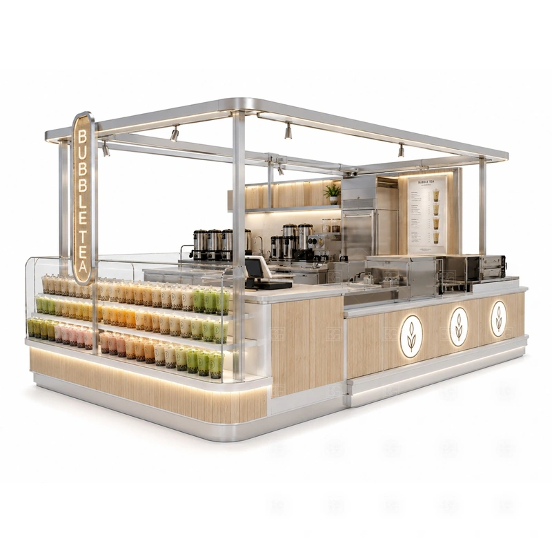 Retail Bubble Tea Stand with Service Counter branding detail for logo panels, menu graphics, front brand panels, side signs, and drink-category visuals coordinated for retail bubble tea stand with service counter