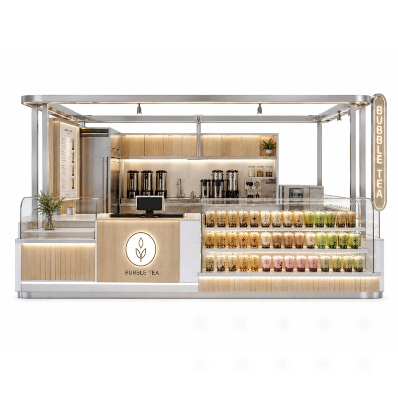 Retail Bubble Tea Stand with Service Counter storage detail for cup storage, topping storage, under-counter fridge space, syrup shelves, packaging drawers, and service supplies planned for retail bubble tea stand with service counter