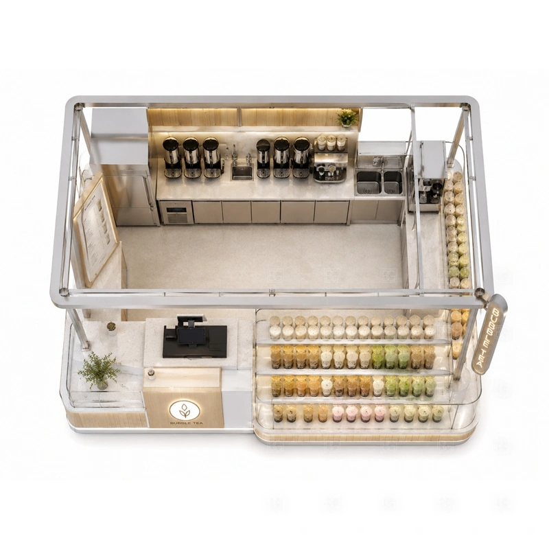 Retail Bubble Tea Stand with Service Counter buyer planning detail for Retail Bubble Tea Stand with Service Counter target size, sealer dimensions, tea brewer position, topping counter size, fridge size, sink requirement, menu board size, destination country