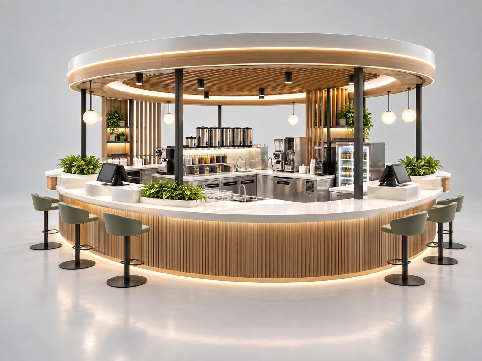 Round Bubble Tea Kiosk with Multi-Side Ordering main three-quarter product view