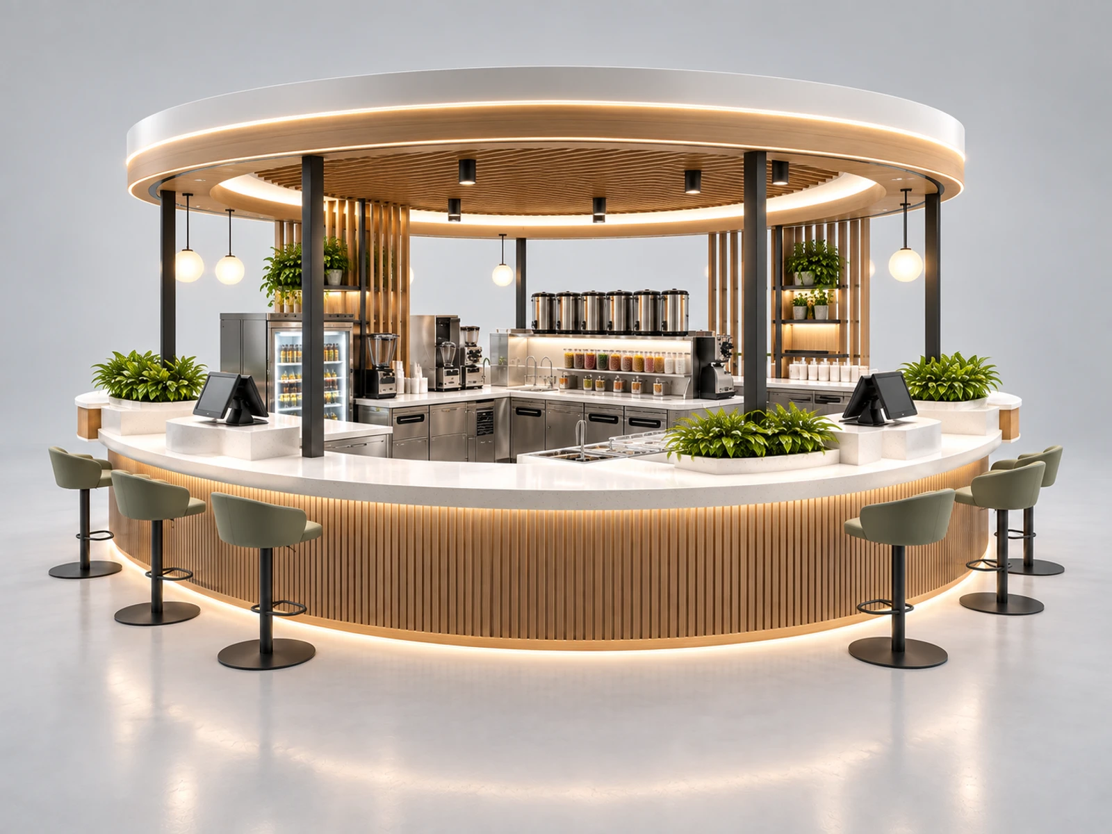 Round Bubble Tea Kiosk with Multi-Side Ordering opposite angle showing the complete layout