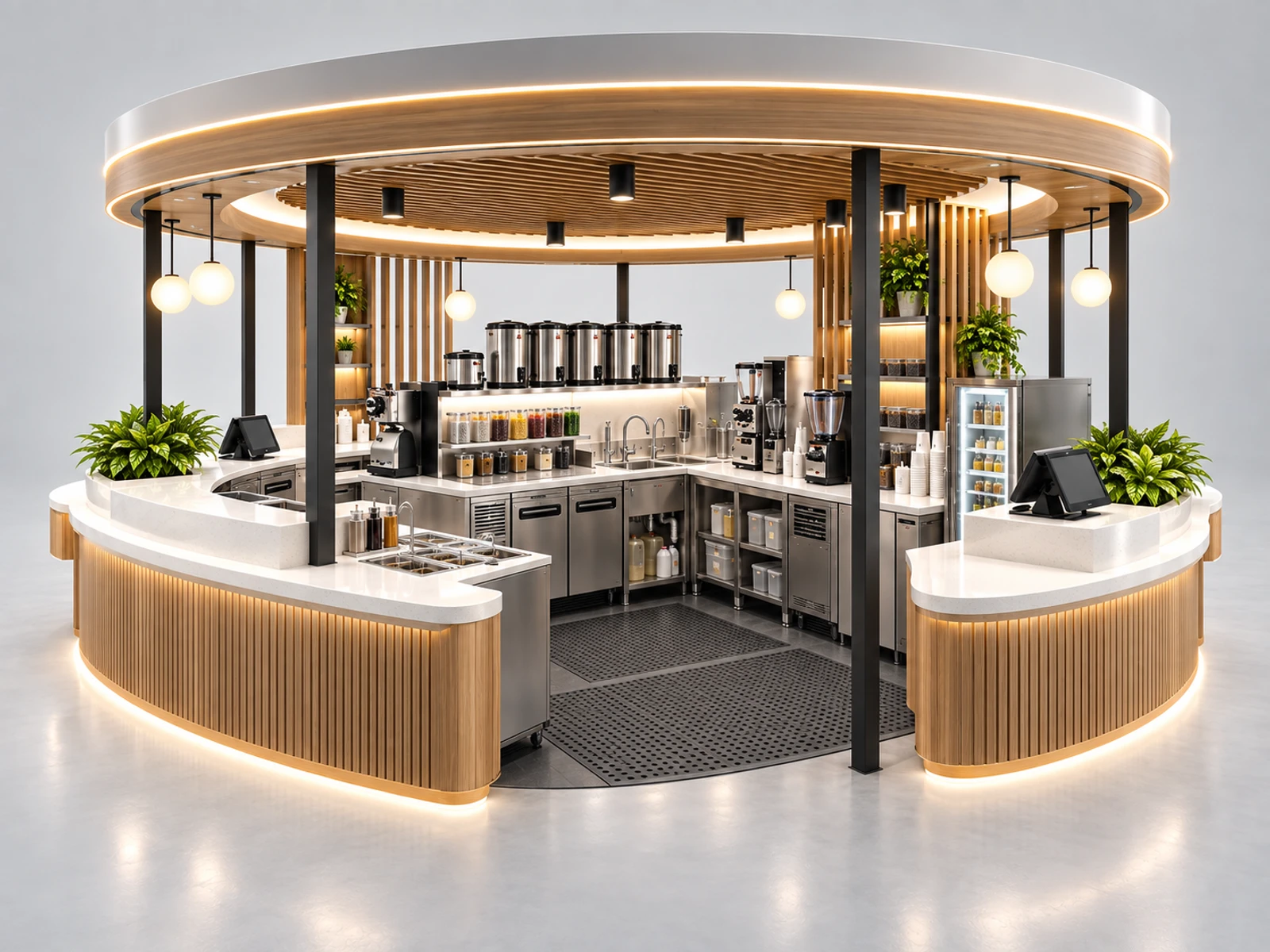 Round Bubble Tea Kiosk with Multi-Side Ordering staff-side equipment, utilities, and storage view