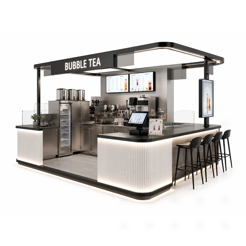Shopping Mall Boba Tea Kiosk Design with center-court visibility, boba tea preparation, menu signage, and efficient order pickup shown in the shopping mall boba tea kiosk design product photos for bubble tea and cold beverage retail