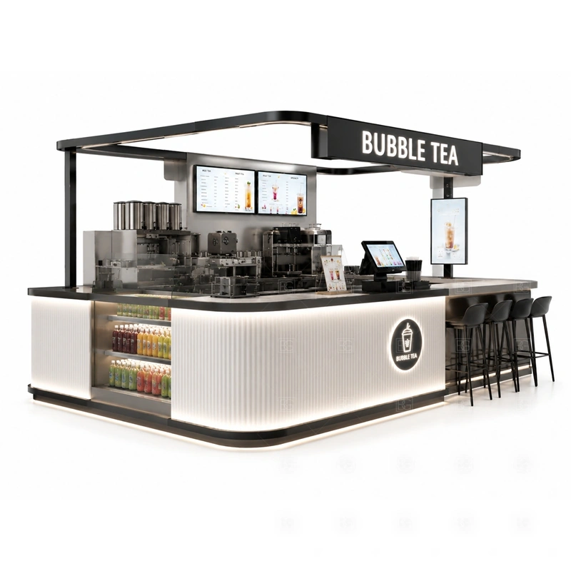 Shopping Mall Boba Tea Kiosk Design display detail for menu board, cup display, topping counter, pickup area, syrup or ingredient zones, and customer-facing panels planned for shopping mall boba tea kiosk design
