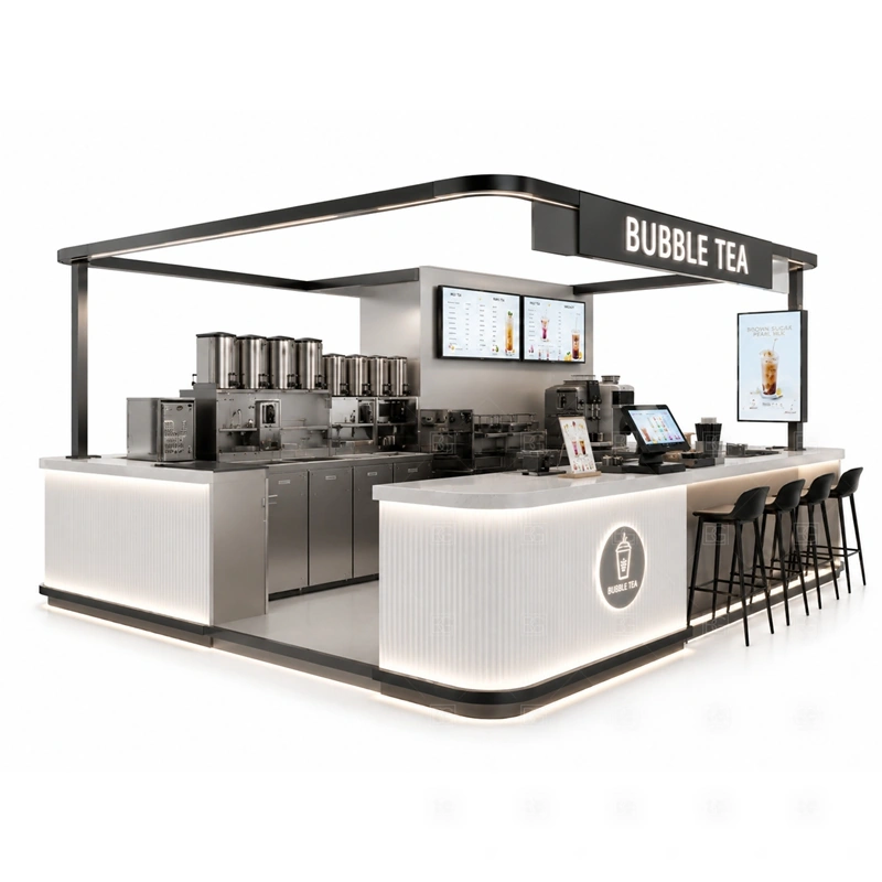 Shopping Mall Boba Tea Kiosk Design branding detail for logo panels, menu graphics, front brand panels, side signs, and drink-category visuals coordinated for shopping mall boba tea kiosk design
