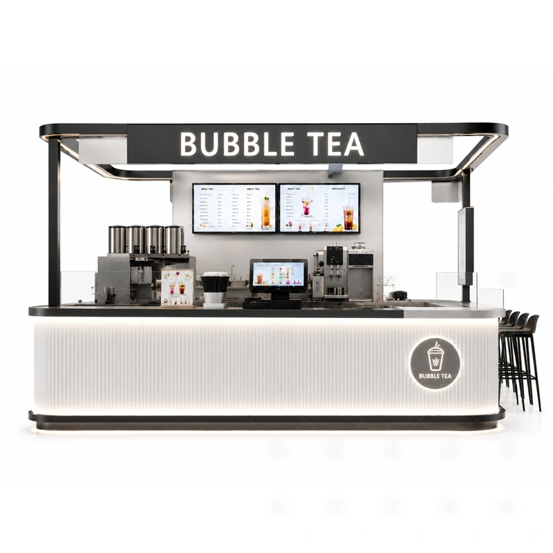 Shopping Mall Boba Tea Kiosk Design storage detail for cup storage, topping storage, under-counter fridge space, syrup shelves, packaging drawers, and service supplies planned for shopping mall boba tea kiosk design