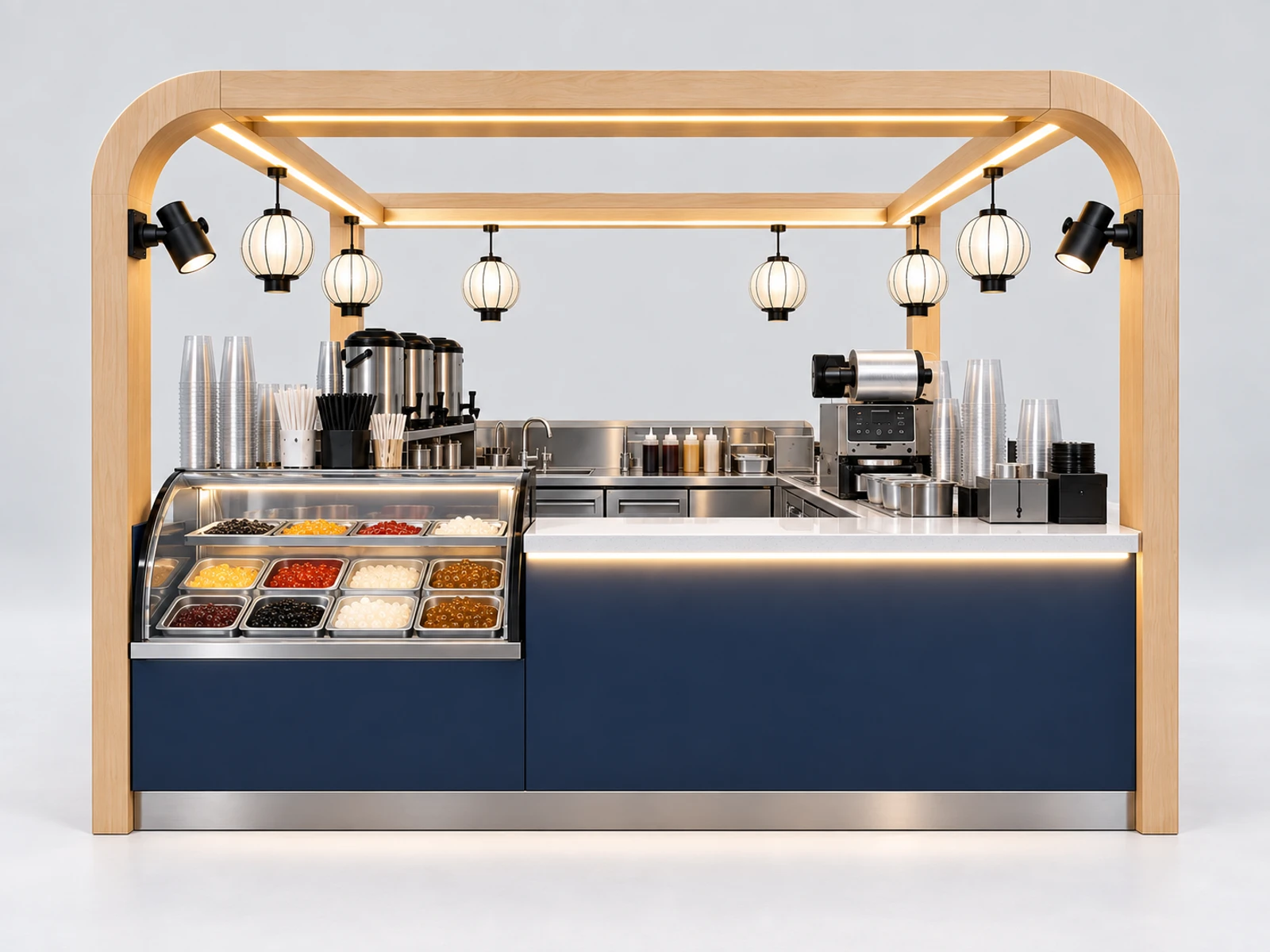 Small Boba Tea Counter with Cup Sealer Station customer-facing service and display detail