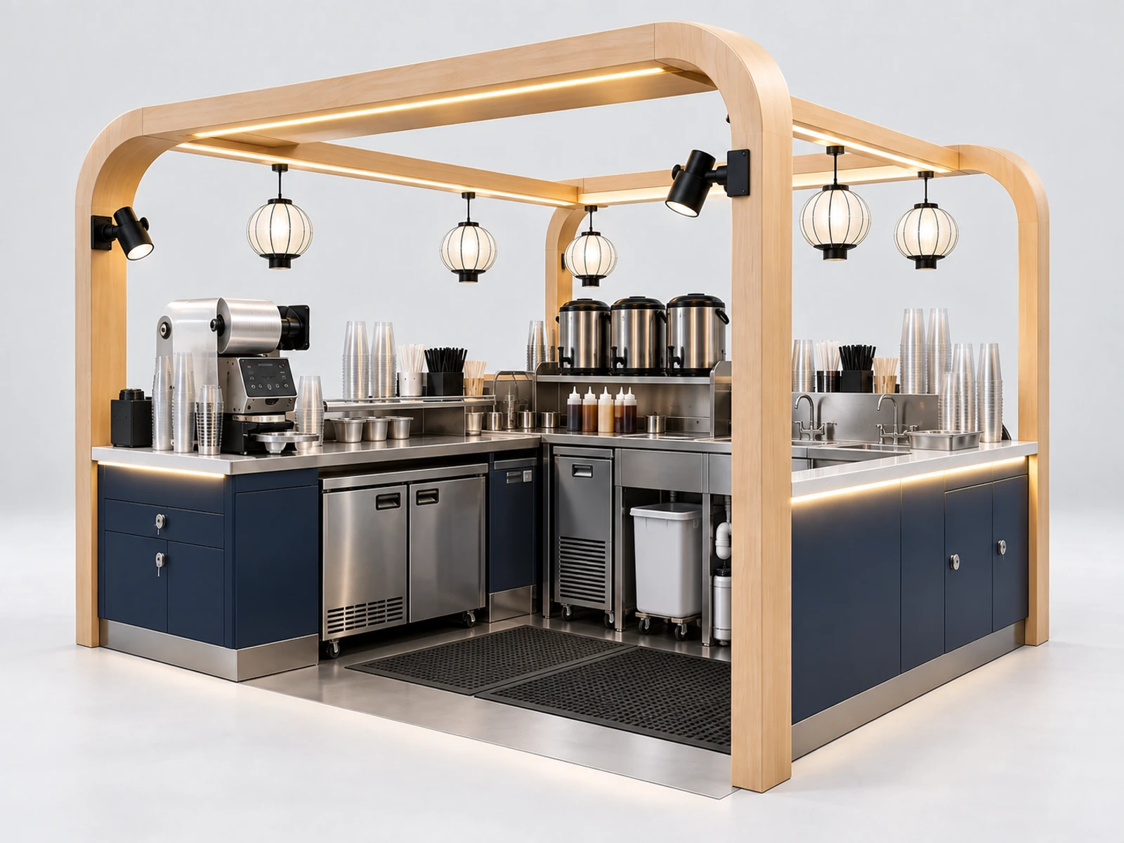 Small Boba Tea Counter with Cup Sealer Station staff-side equipment, utilities, and storage view