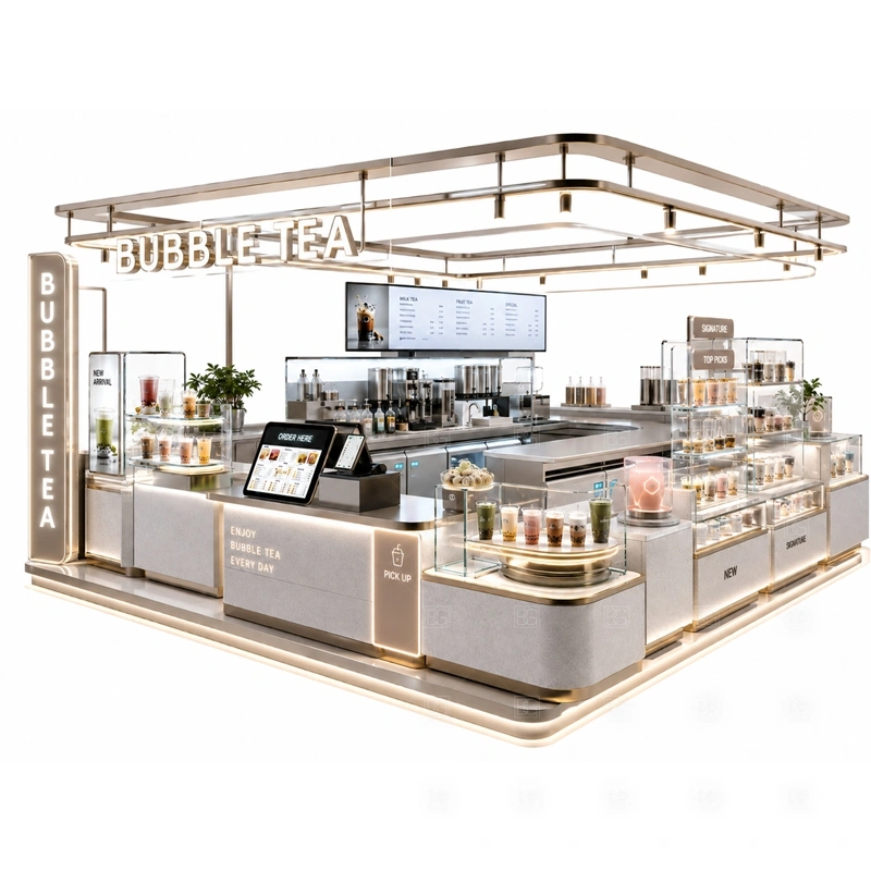 Turnkey Bubble Tea Kiosk Supplier layout showing drink-service counter planning shown in the turnkey bubble tea kiosk supplier product photos, with food court traffic where order, payment, and pickup need a clean sequence
