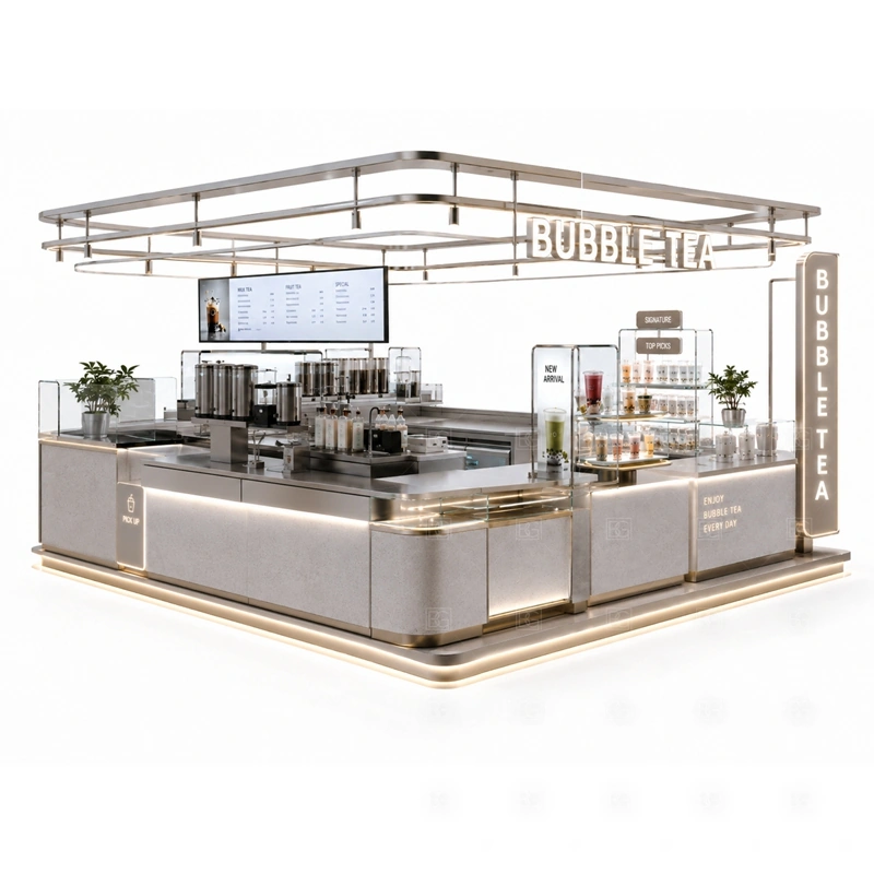 Turnkey Bubble Tea Kiosk Supplier display detail for menu board, cup display, topping counter, pickup area, syrup or ingredient zones, and customer-facing panels planned for turnkey bubble tea kiosk supplier