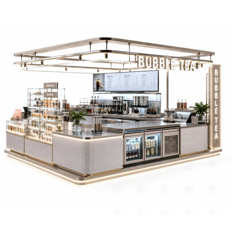 Turnkey Bubble Tea Kiosk Supplier branding detail for logo panels, menu graphics, front brand panels, side signs, and drink-category visuals coordinated for turnkey bubble tea kiosk supplier
