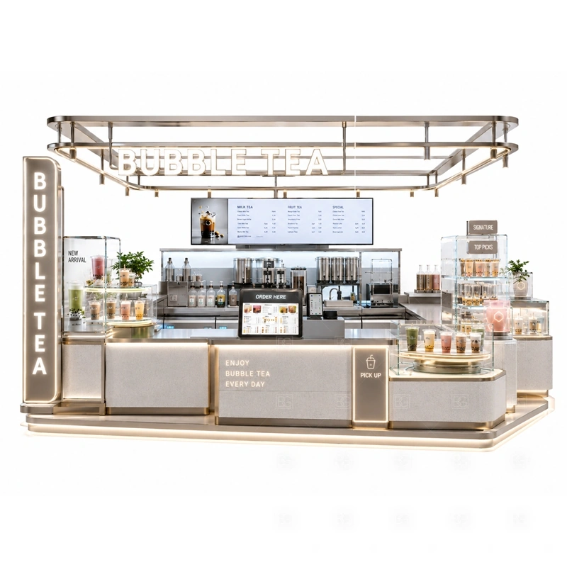 Turnkey Bubble Tea Kiosk Supplier storage detail for cup storage, topping storage, under-counter fridge space, syrup shelves, packaging drawers, and service supplies planned for turnkey bubble tea kiosk supplier