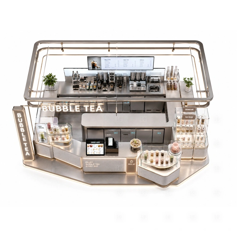 Turnkey Bubble Tea Kiosk Supplier buyer planning detail for Turnkey Bubble Tea Kiosk Supplier target size, sealer dimensions, tea brewer position, topping counter size, fridge size, sink requirement, menu board size, destination country