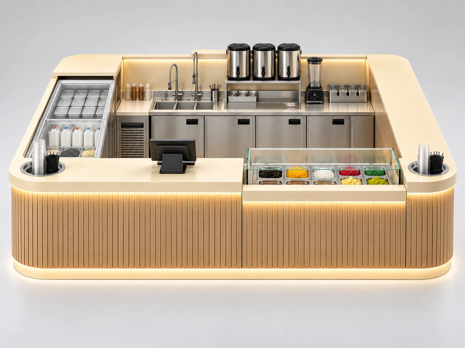 Turnkey Bubble Tea Kiosk with Sink and Utility Planning customer-facing service and display detail