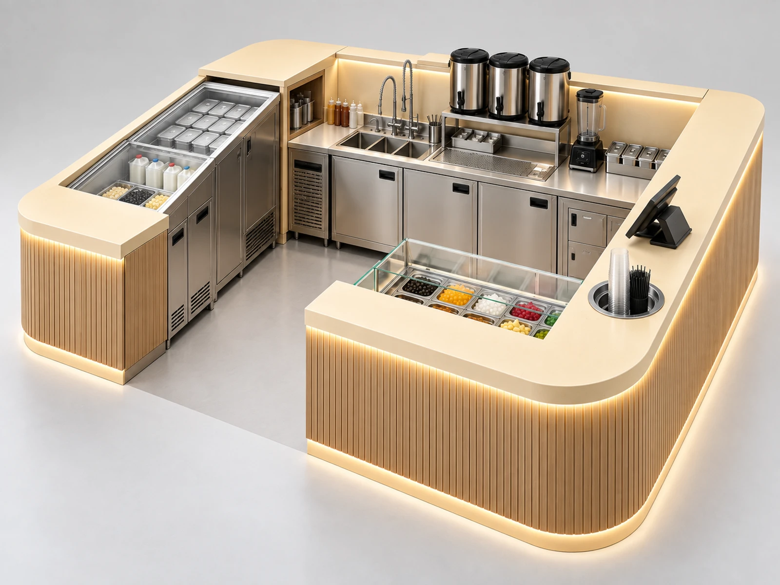 Turnkey Bubble Tea Kiosk with Sink and Utility Planning staff-side equipment, utilities, and storage view