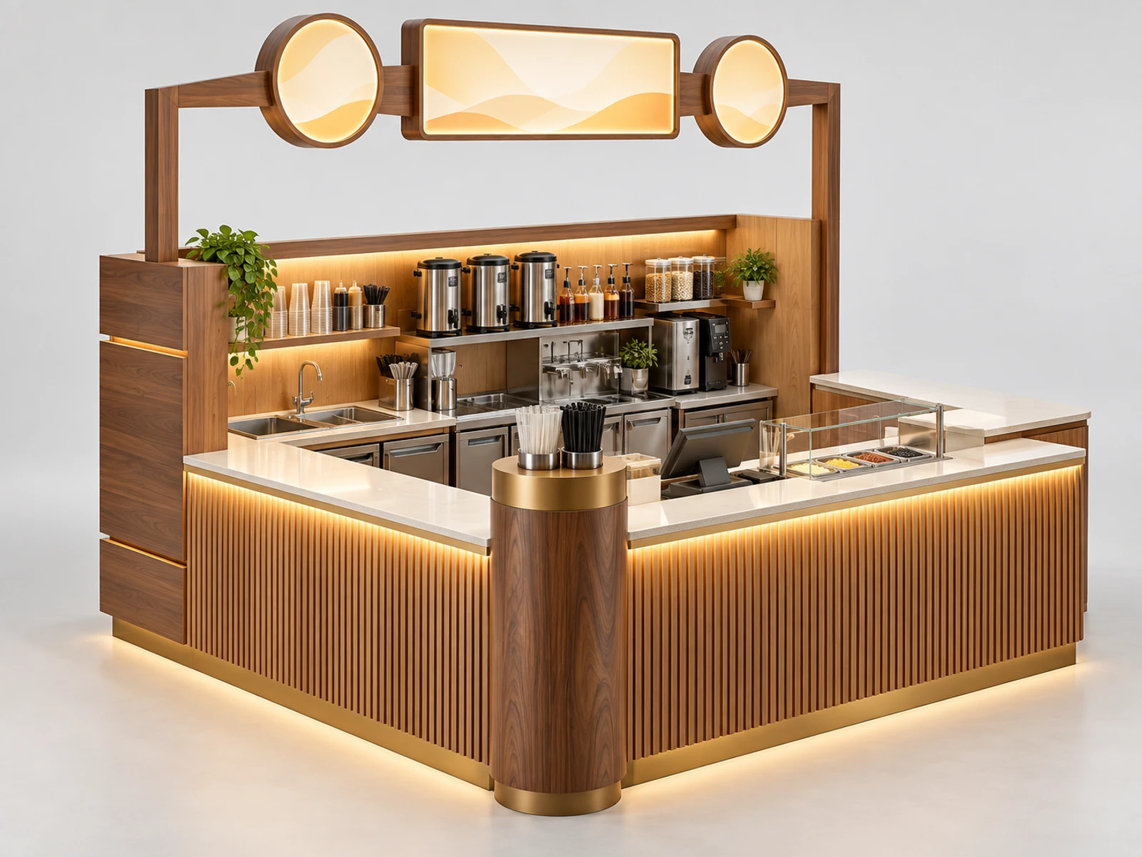 Wood Milk Tea Kiosk with Warm Menu Canopy main three-quarter product view