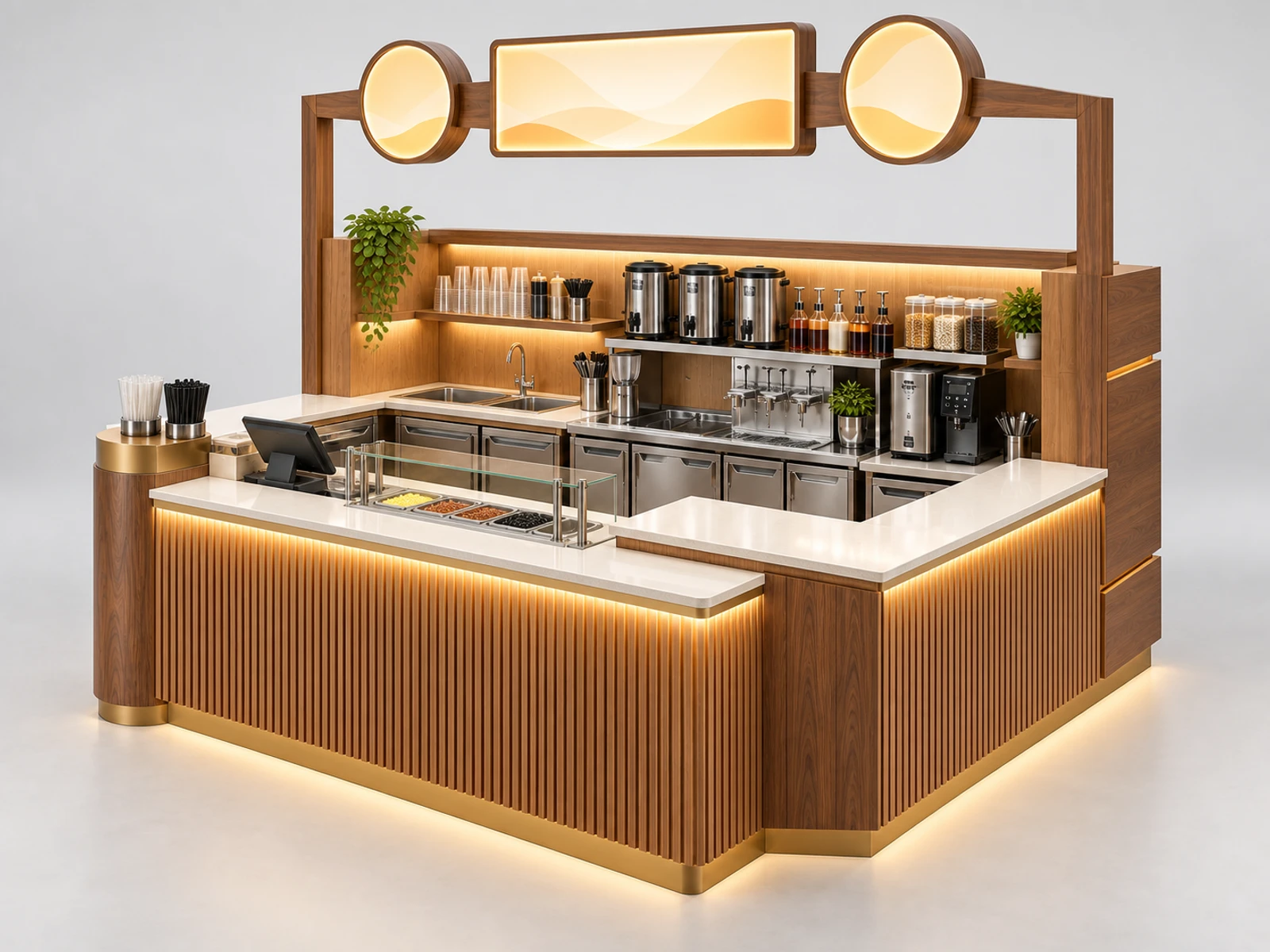 Wood Milk Tea Kiosk with Warm Menu Canopy opposite angle showing the complete layout
