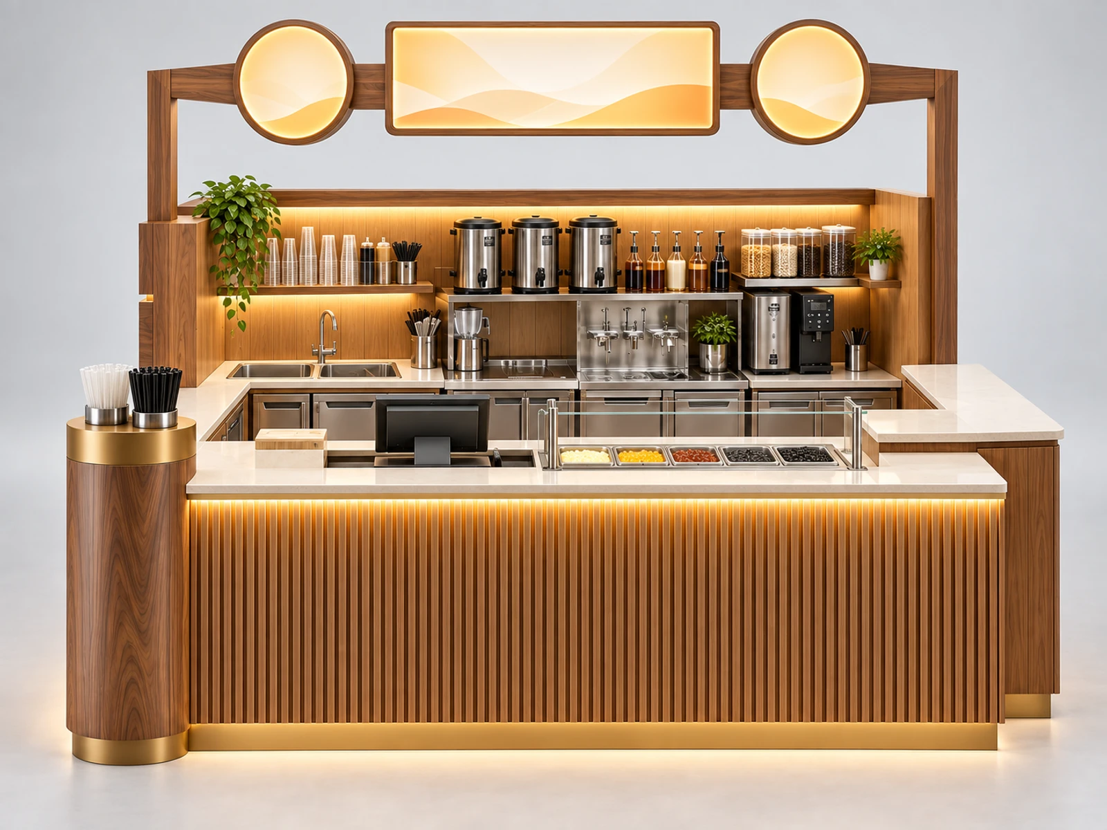 Wood Milk Tea Kiosk with Warm Menu Canopy customer-facing service and display detail