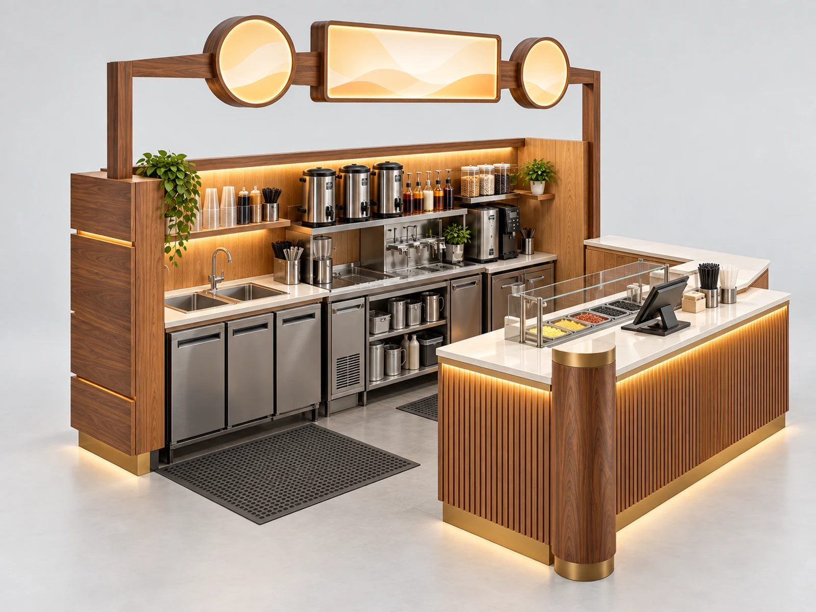 Wood Milk Tea Kiosk with Warm Menu Canopy staff-side equipment, utilities, and storage view