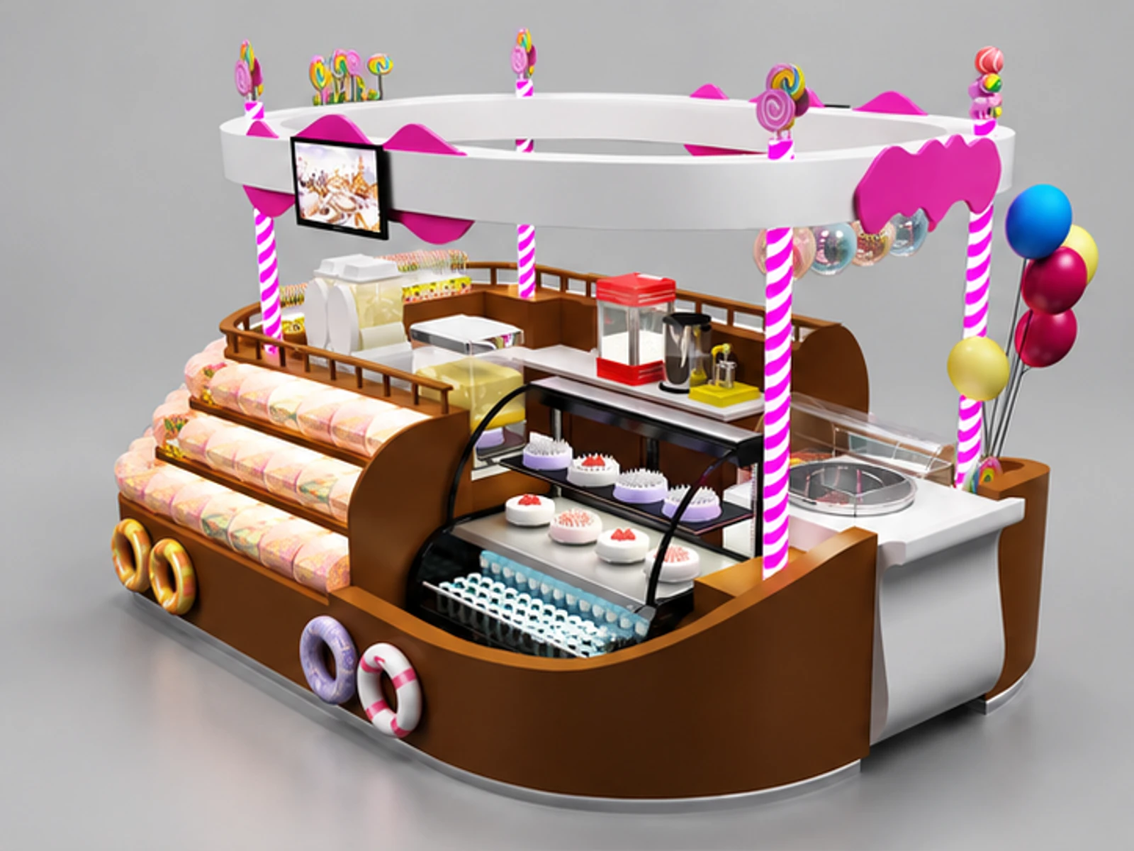 5x3m Attractive candy display kiosk | custom beautiful cake booth main three-quarter view